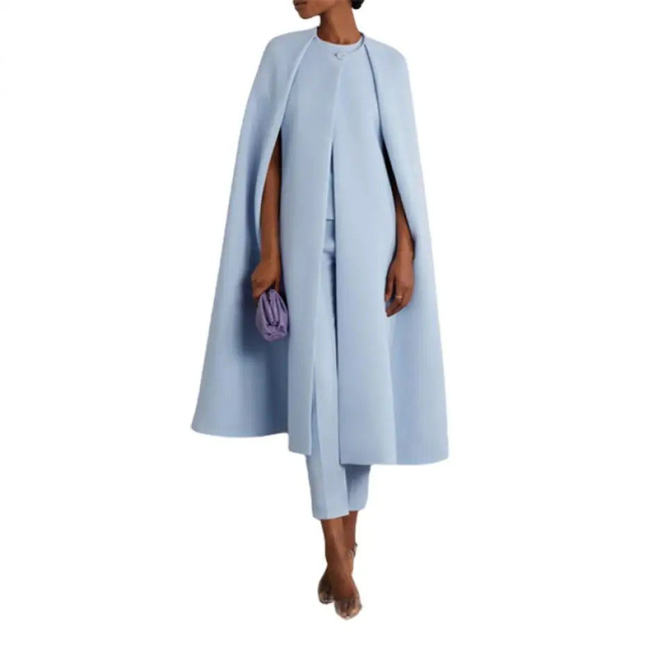 Elegant Solid Color Cape Coat High Waist Pants Two Piece Set For Women