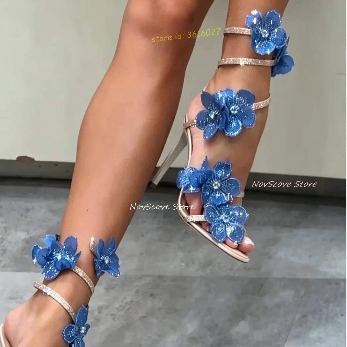Blue Rhinestone Flower Open Toe Stiletto Sandals for Women