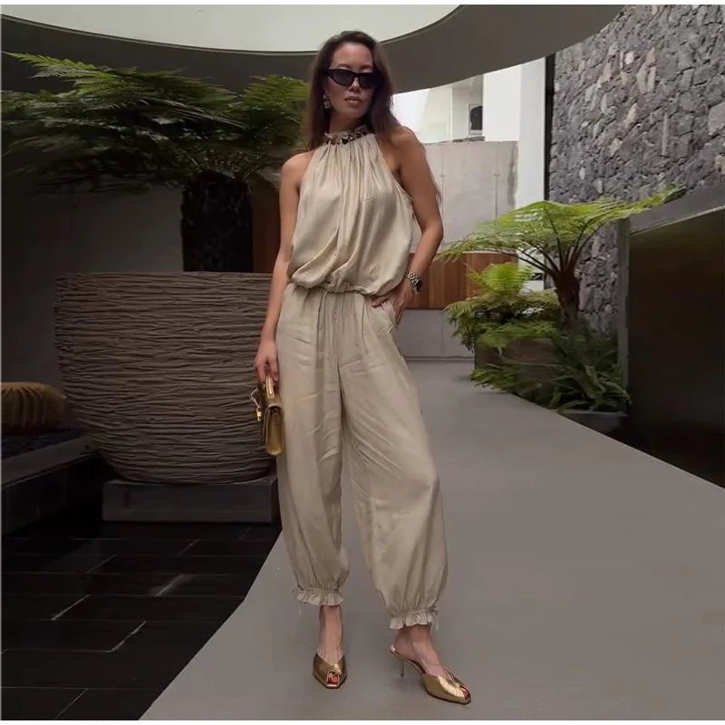 Beaded Halter Top And Lantern Pants Two Piece Set for Women