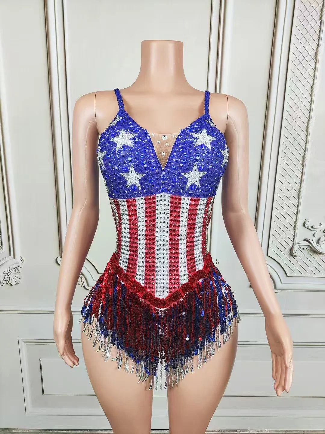 American Flag Crystal Tassel Dance Bodysuit for Women