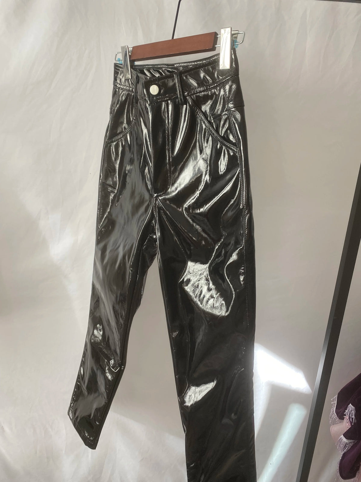 High Waisted Glossy Faux Leather Casual Pants For Women