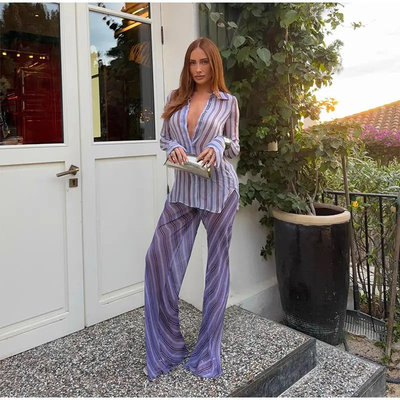 Retro Geometric Stripe Two Piece Set With Halter Top And Flare Pants for Women