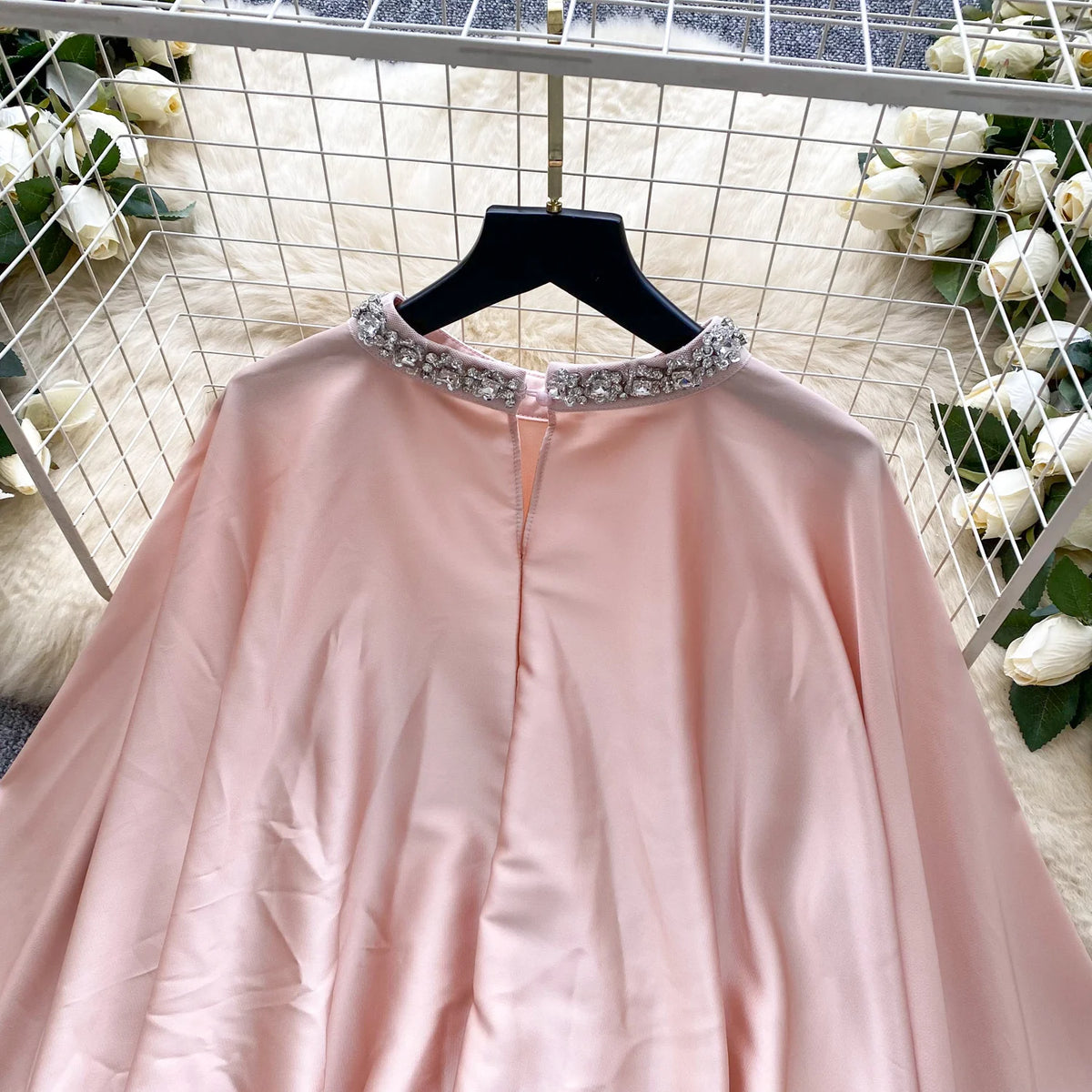 Elegant Beaded Satin Batwing Sleeve Blouse for Women