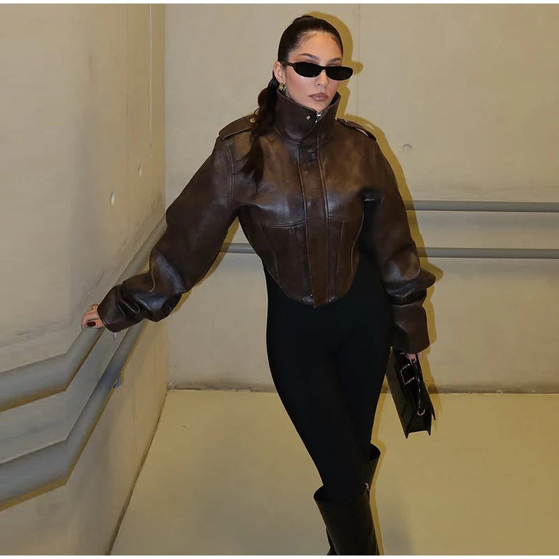 Tailored Crop Front Faux Leather Biker Jacket for Women