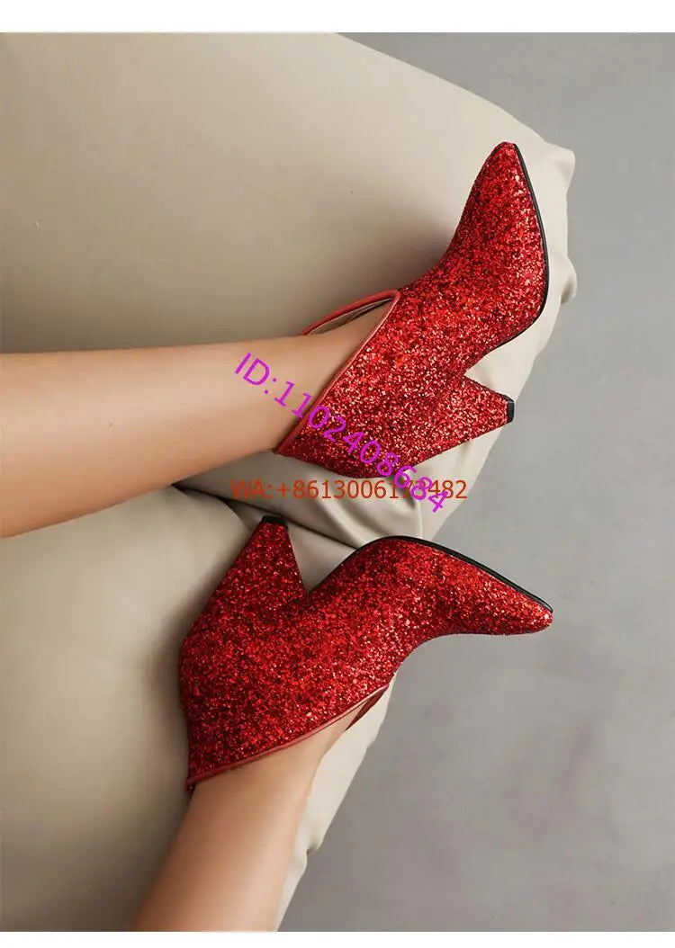 New Blingbling Pointed Toe Women Chunky Spike Heel Sequins Ankle Boots V Open Slip On Spike Heel Pointy Sequined Boots Size 43