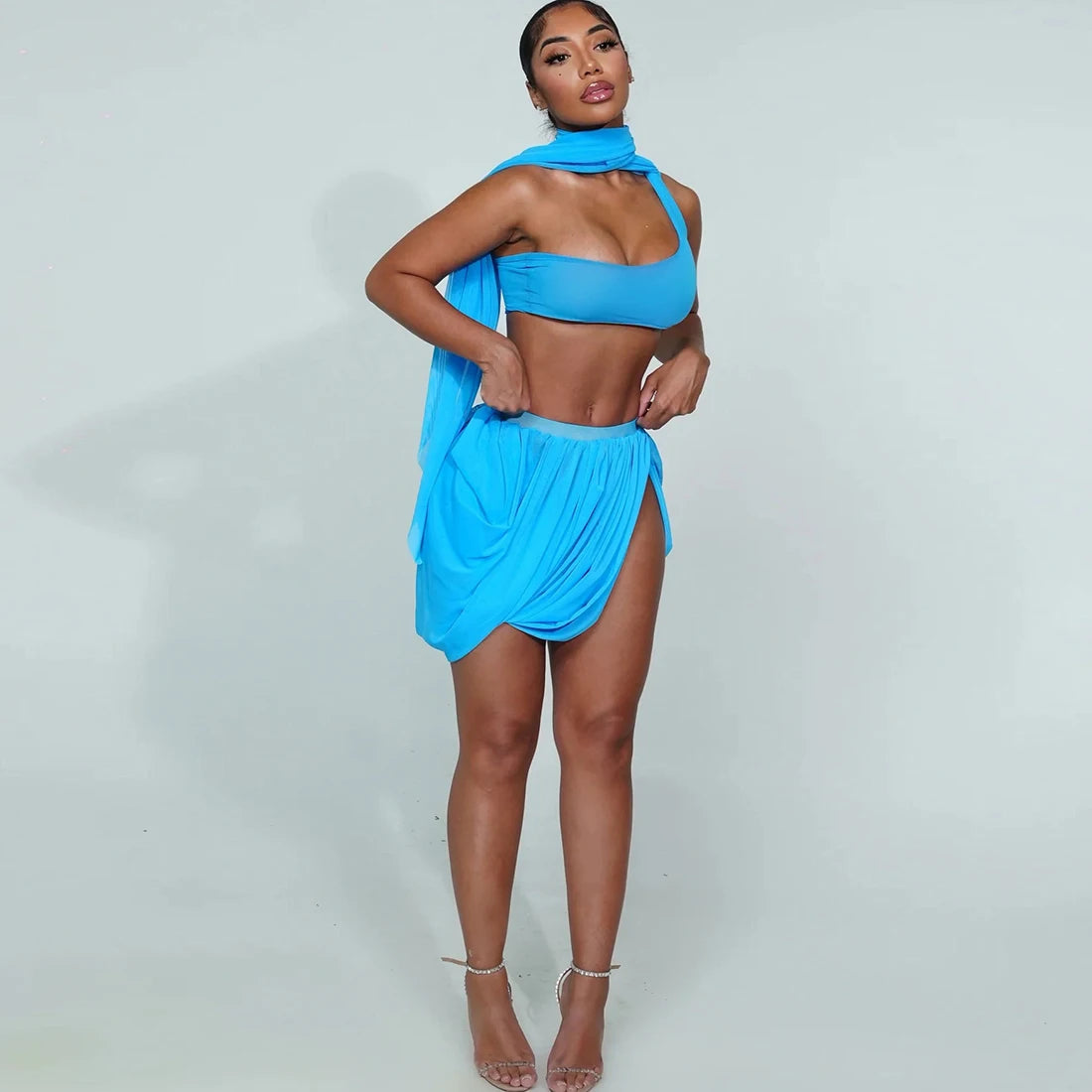 Sheer Long Sleeve Crop Top and Ruched Split Skirt Set for Women