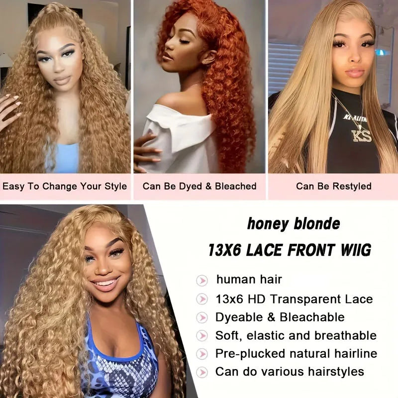 Honey Blonde Curly Human Hair Lace Front Wig for Women