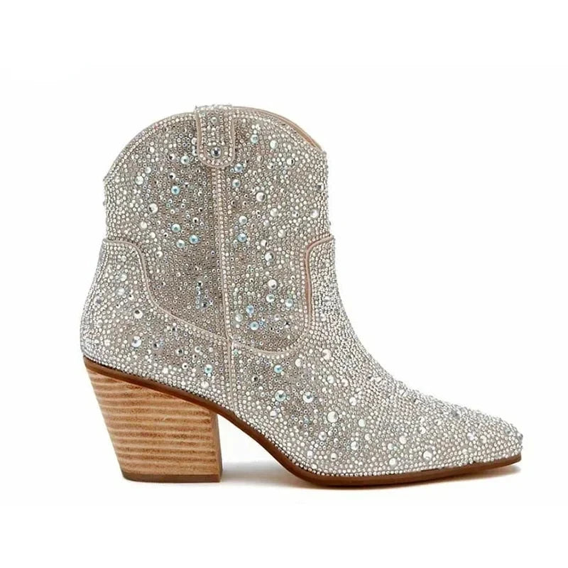 Glitter Western Ankle Boots With High Heels for Women