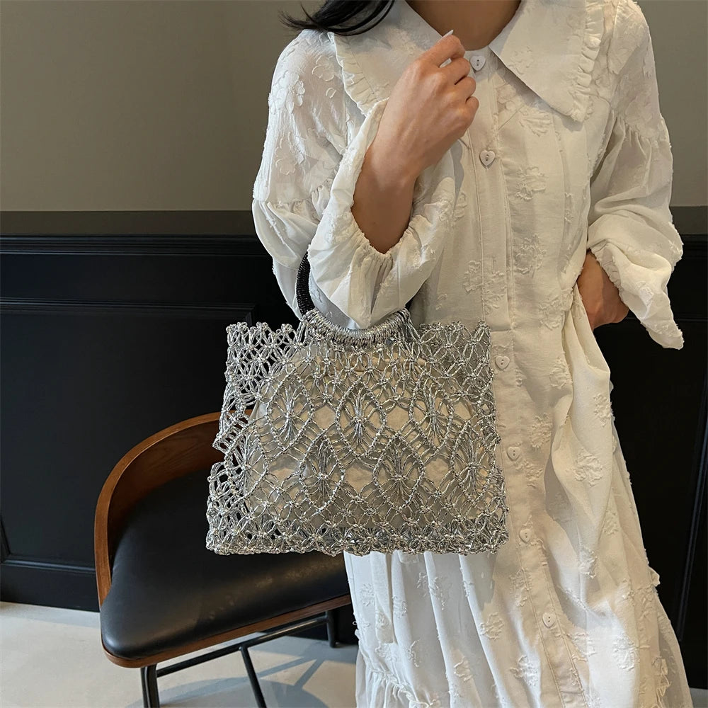 Eco Friendly Woven Round Handle Hollow Out Craft Paper Handbag for Women
