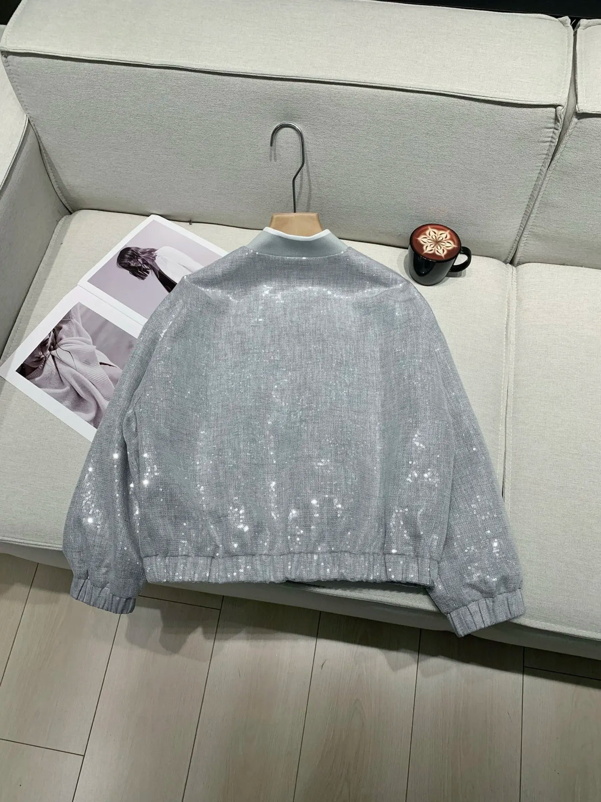 Elegant Heavy Sequin Zip Front Jacket Outerwear for Women