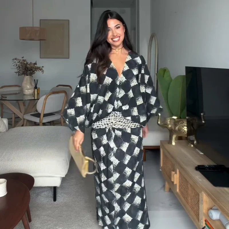 Casual Patchwork Print V Neck Maxi Dress for Women