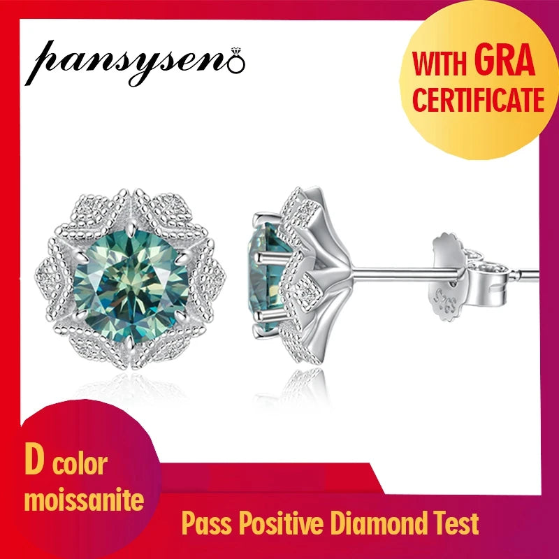 Stud Earrings With Blue Green Moissanite 2 Carat Total Elegant Timeless Style Gift