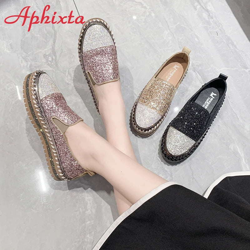 Soft Faux Leather Sequined Platform Loafers For Women