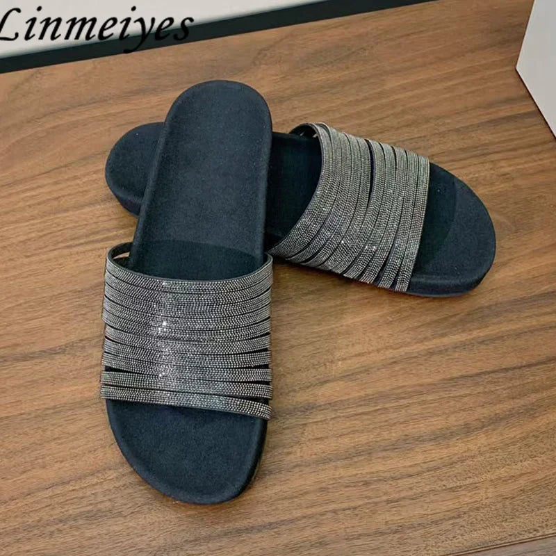 Cow Suede Bead Chain Narrow Strap Slippers for Women