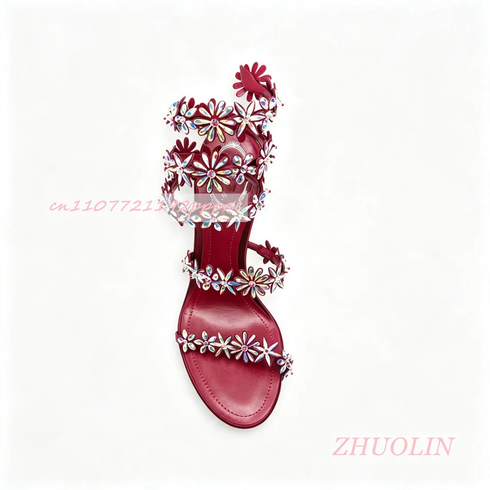 Rhinestone Floral Open Toe Stiletto Wedding Sandals for Women