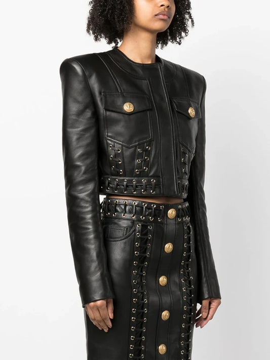HIGH STREET Newest Fashion 2025 Designer Blazer Women's O-neck Rope Lace-Up Trimmed Artificial Leather Jacket