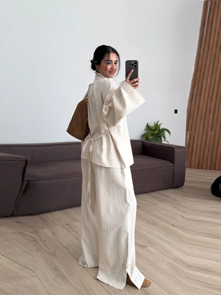 Casual Cotton Coat And Wide Leg Trouser Set for Women