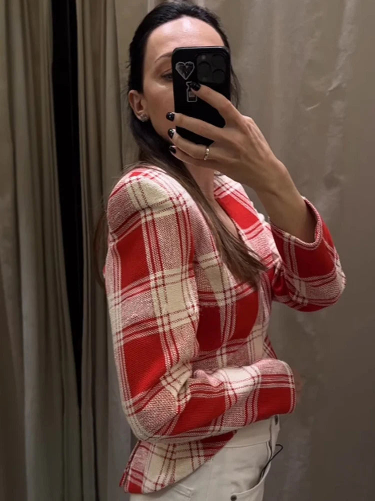 Elegant Plaid Long Sleeve V-Neck Single Breasted Jacket for Women