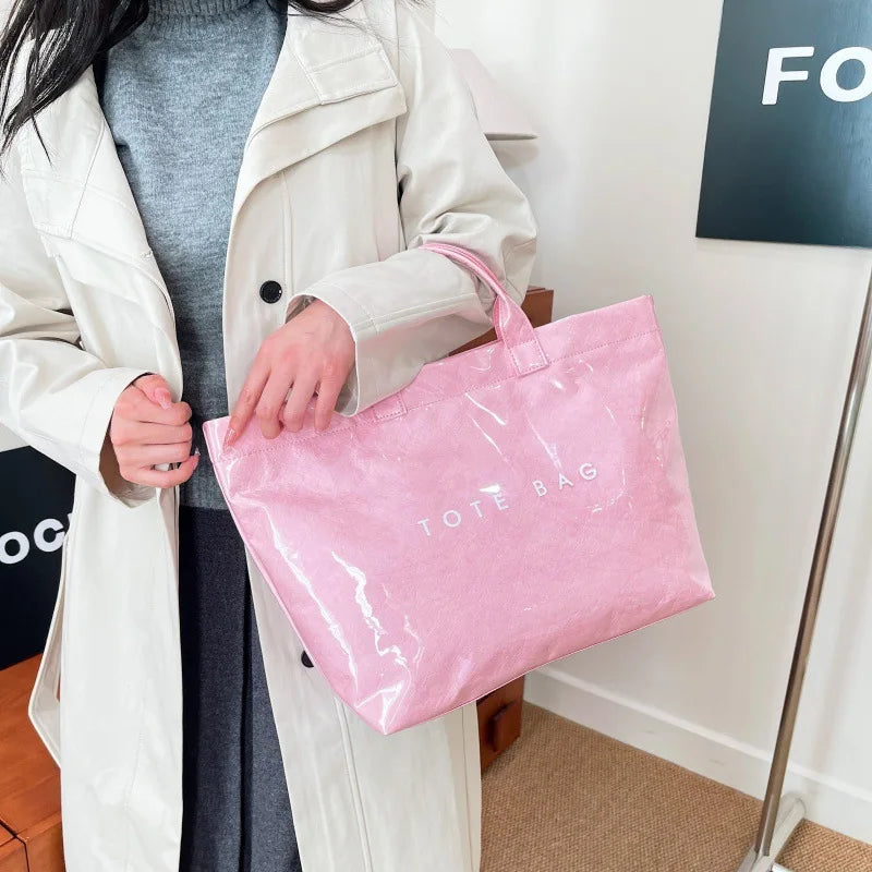 Kraft paper jelly waterproof bag, women's new retro commuting large capacity DuPont paper tote bag