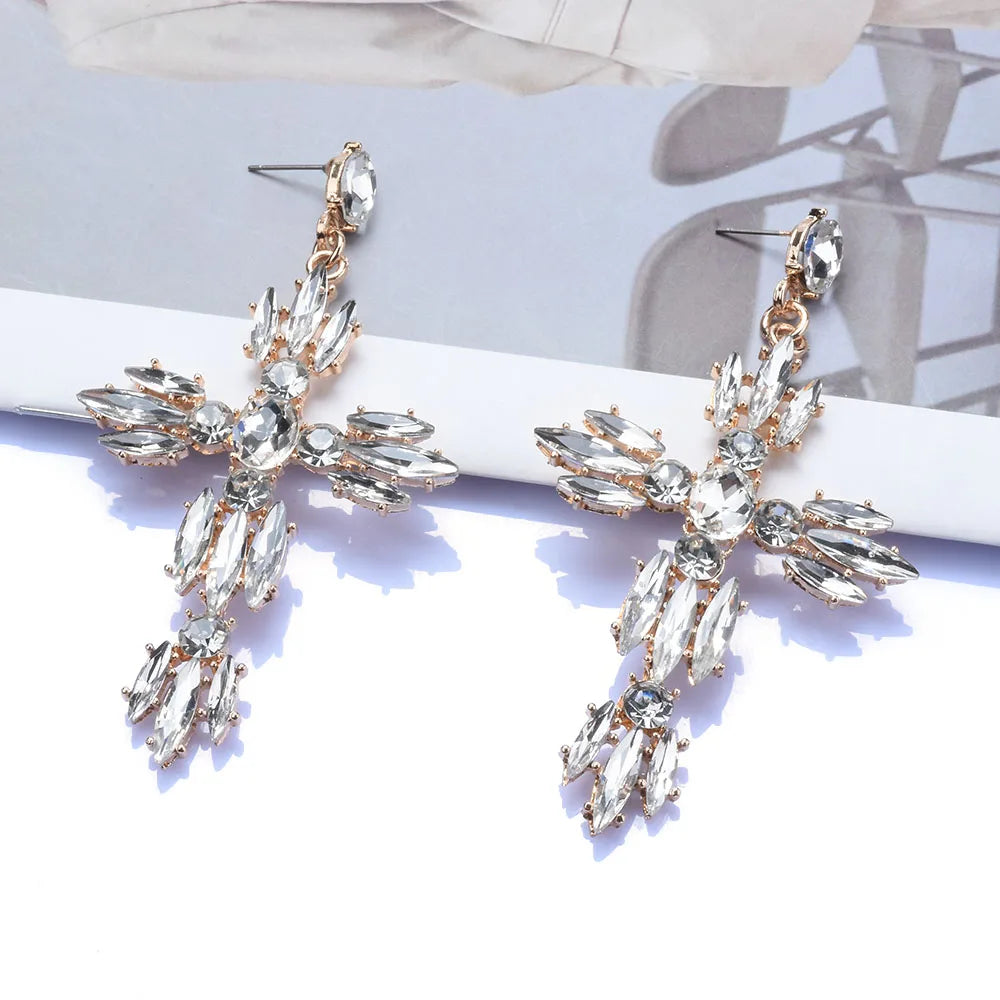 Black Crystal Rhinestone Cross Dangle Earrings for Women