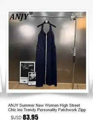 ANJY Summer New Women's Tide High Street Y2K Chic Trendy Sleeveless Halter Neck Backless Waist Cinching Zipper Denim Dress A8053