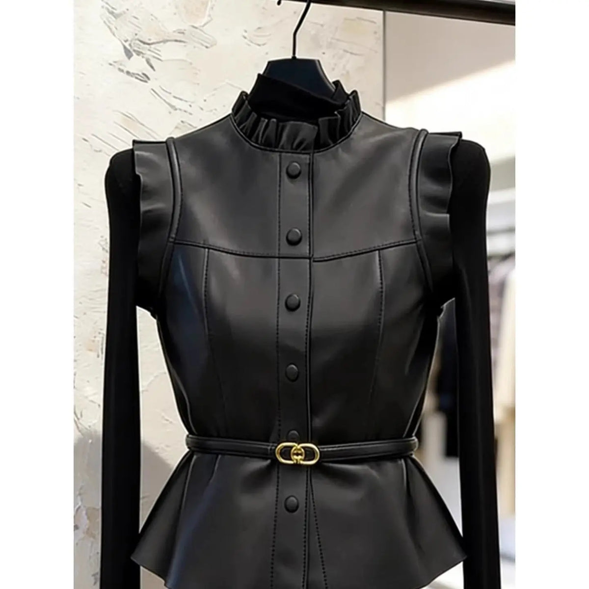 Vintage Black Ruffle Single Breasted Sleeveless Vest For Women