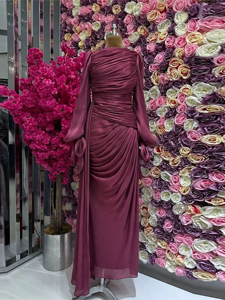 Lantern Sleeve Pleated Maxi With Lace Up O Neck Dress for Women