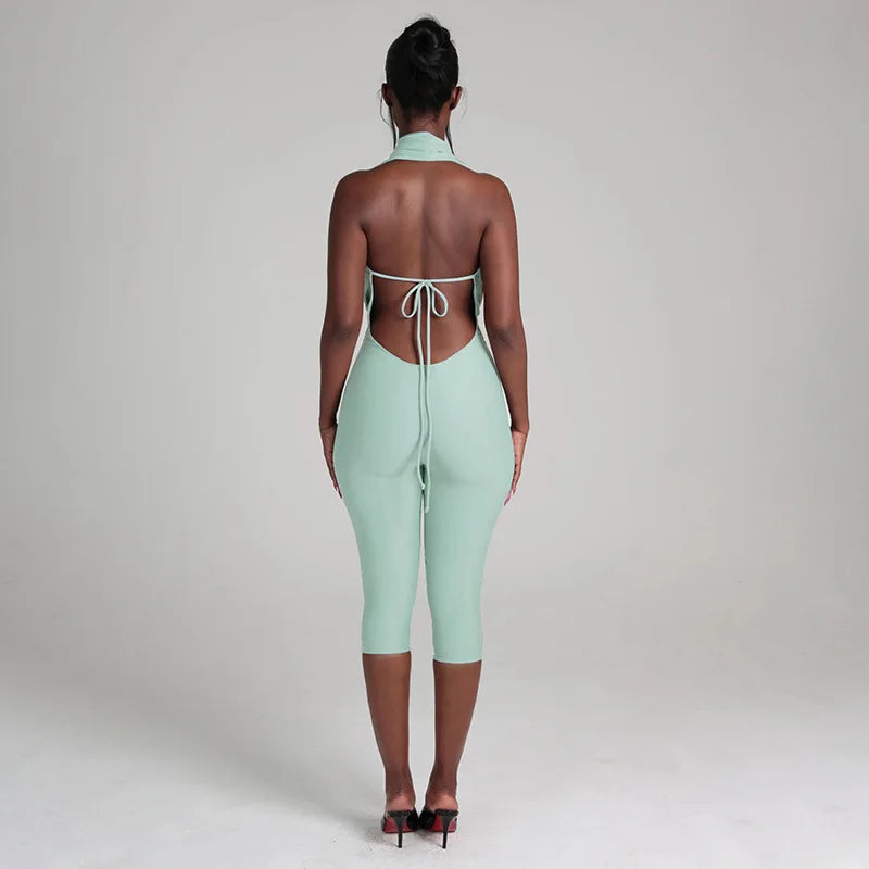 Ruched Halter Neck Lace-Up Capri Jumpsuit for Women