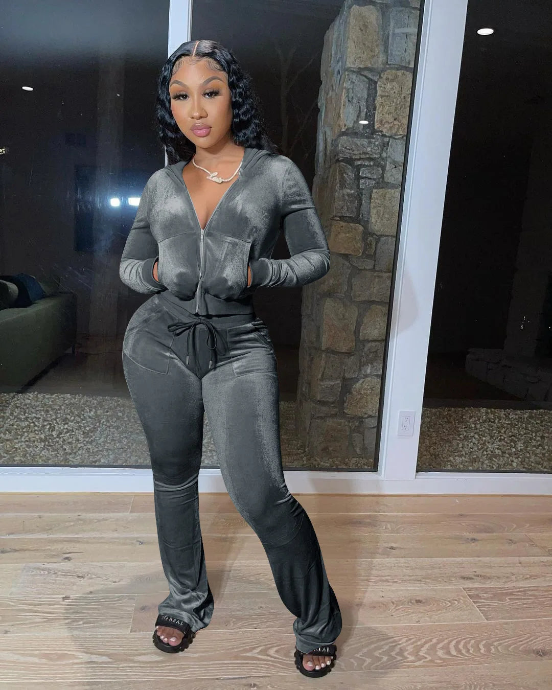 Hooded Zip Top And High Waist Pants Outfit Set for Women