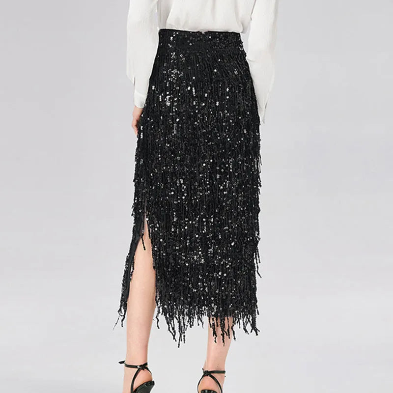 High Waist Sequined Split Tassel Midi Skirt for Women