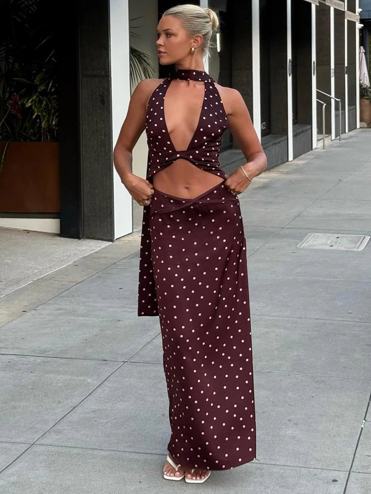Elegant Polka Dot Halter Top And Long Skirt Set for Women