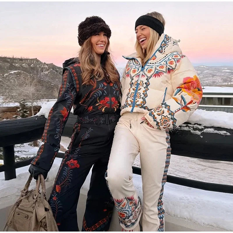 Printed Hooded Ski Jacket And Wide Leg Pants Set for Women
