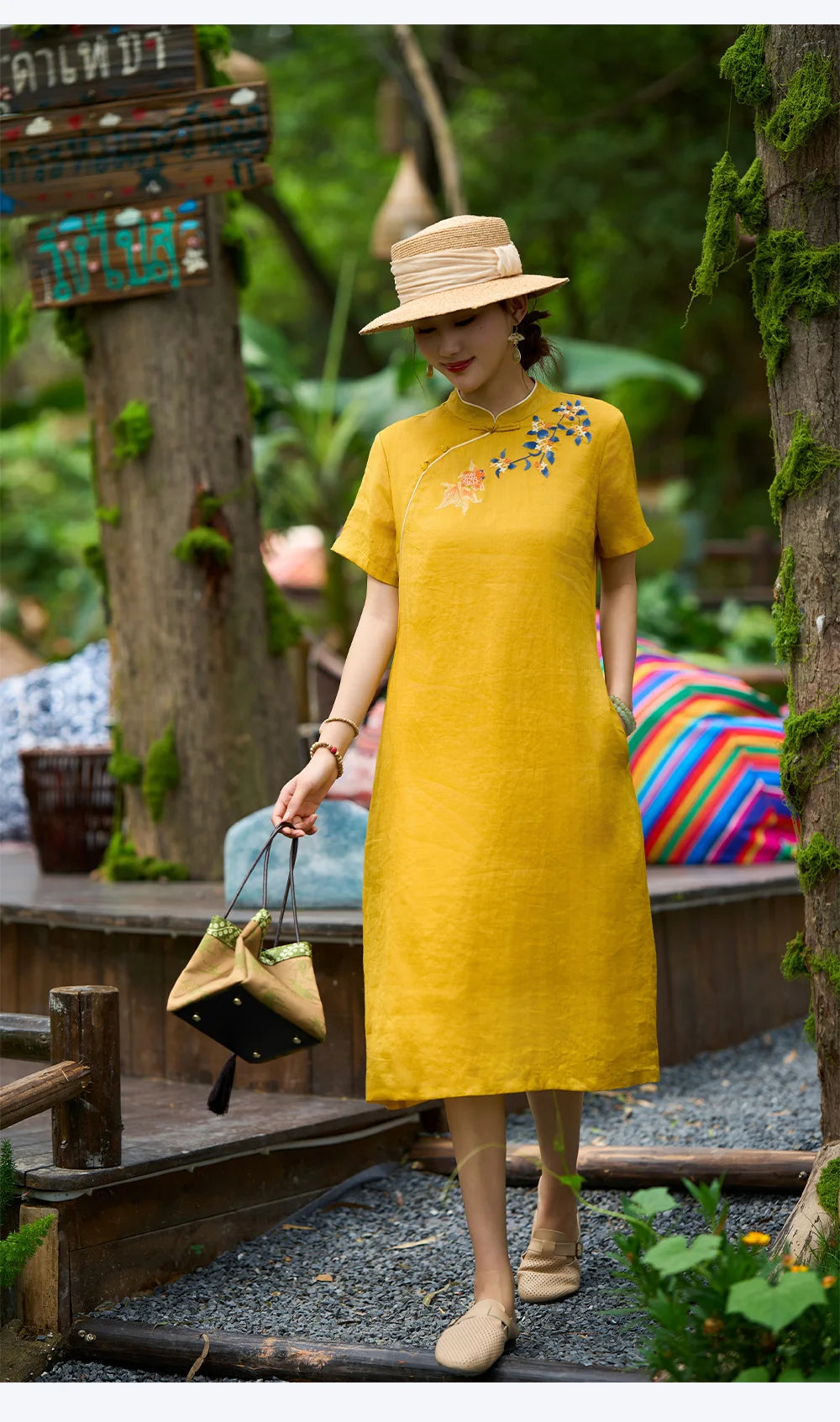 Linen Mandarin Collar Embroidered Cheongsam Dress for Women