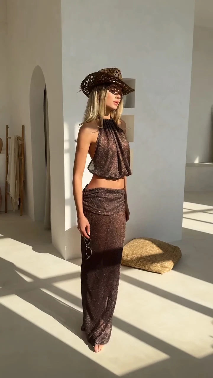 Sexy Knit Sets See-through Backless Lace-up Top Beach Half Skirt Two-piece Swimsuit Cover Up 2025 Summer Women Party Outfit K167