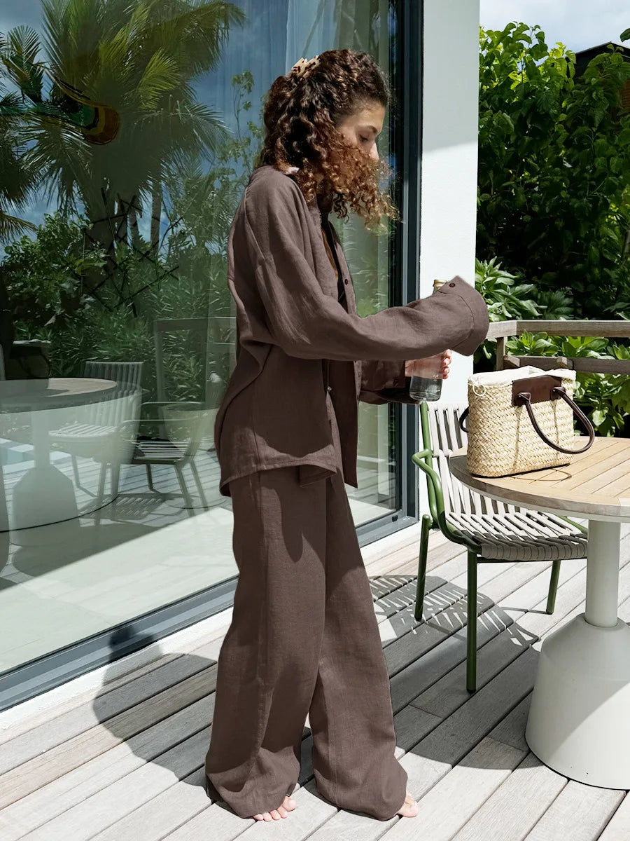 Casual Cotton Shirt and Elastic Waist Pants Set for Women