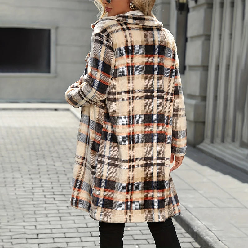 Flannel Plush Warm Plaid Jacket Women's Medium-length Winter New Style Korean Version Loose-fit Long Jacket Warm Long Sleeve