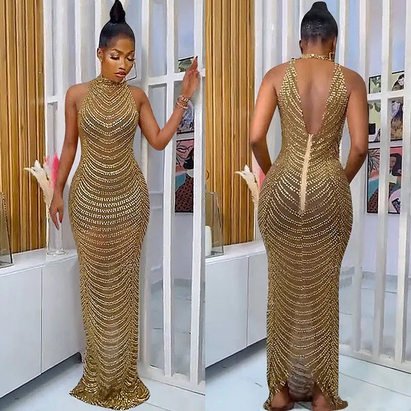 Backless Crystal Rhinestone See Through Bodycon Maxi Dress for Women