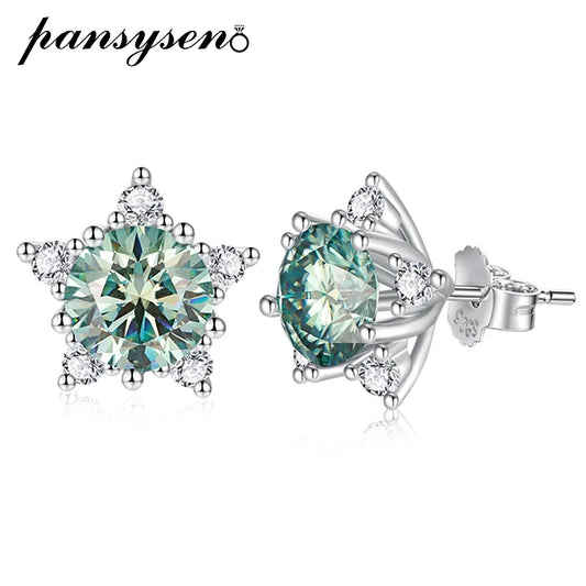 PANSYSEN Real 2 Carat Blue Green Moissanite Stud Earrings for Women Top Quality 100% 925 Sterling Silver Sparkling Wedding Gift