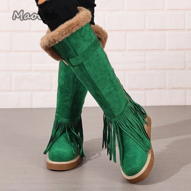 Faux Fur Lined Suede Knee High Fringe Boots for Women