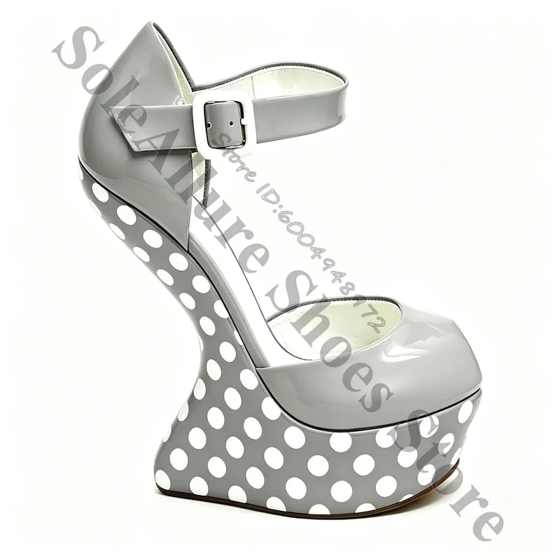 Glossy Polka Dot Buckle Strap Wedge Platform Sandals For Women