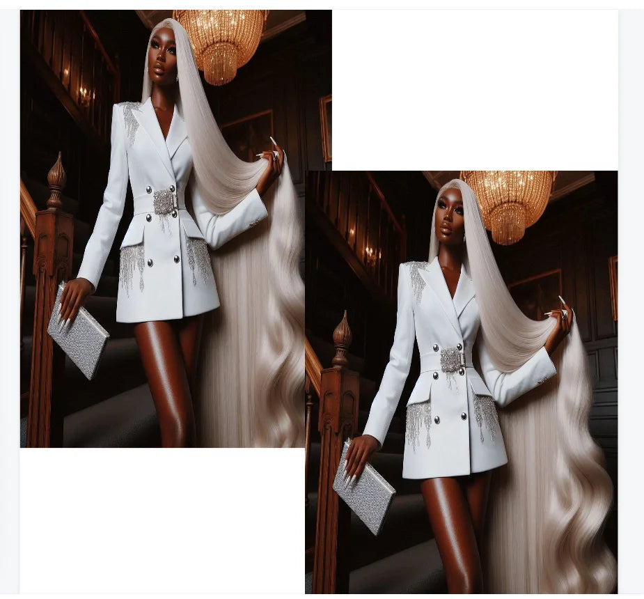 Elegant White Cotton Belted Crystal Detail Blazer For Women