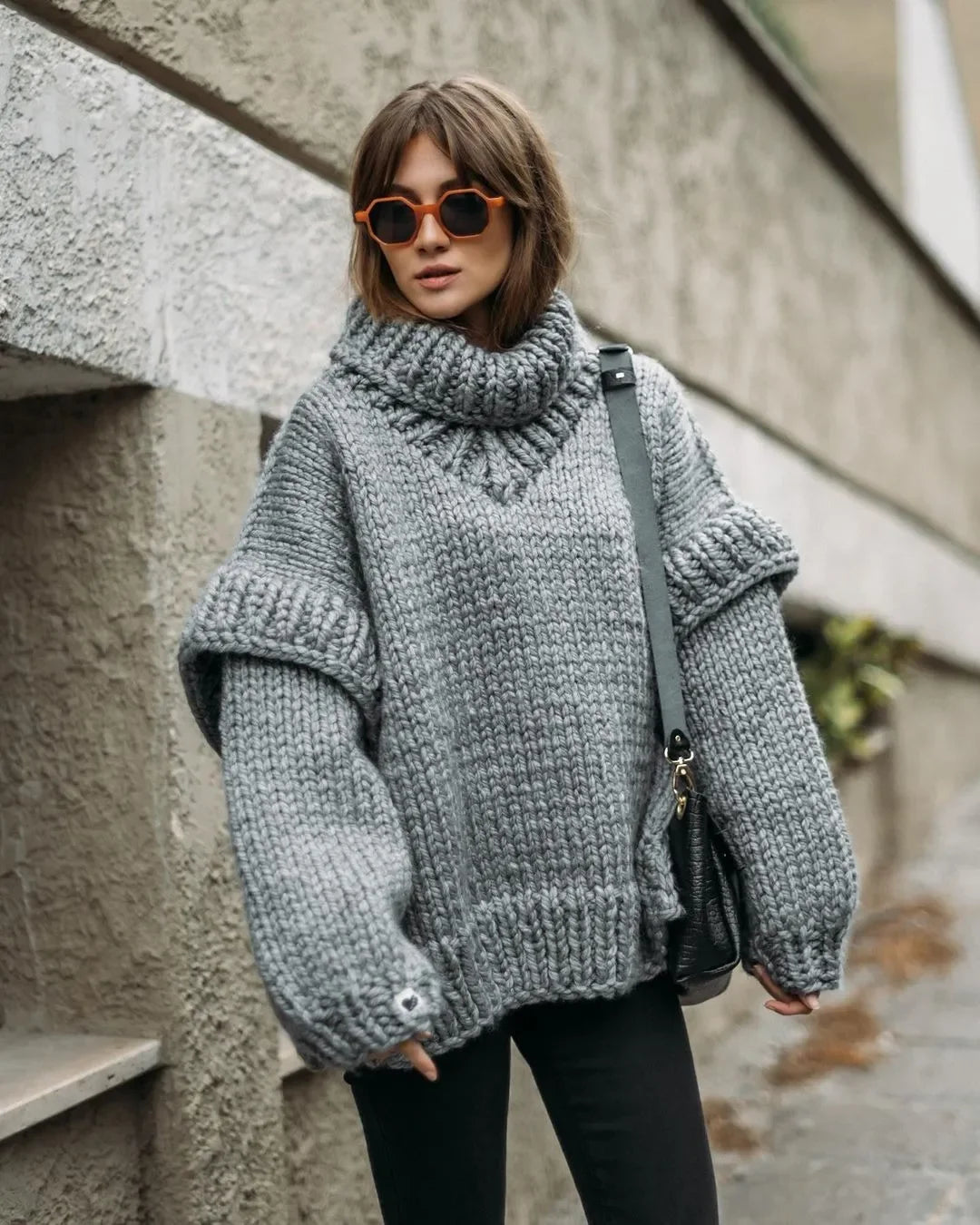 Oversized Knit Turtleneck Sweater With Lantern Sleeves For Women