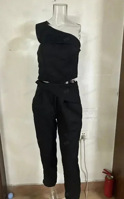 Slanted Neck Top and High Waist Pants Two Piece Set for Women