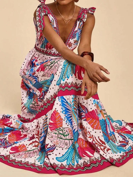 Lady Retro Floral Print Pleated Long Dress Sexy V Neck Hollow Out Sleeveless Beach Dress Casual High Waist Bohemian Summer Dress