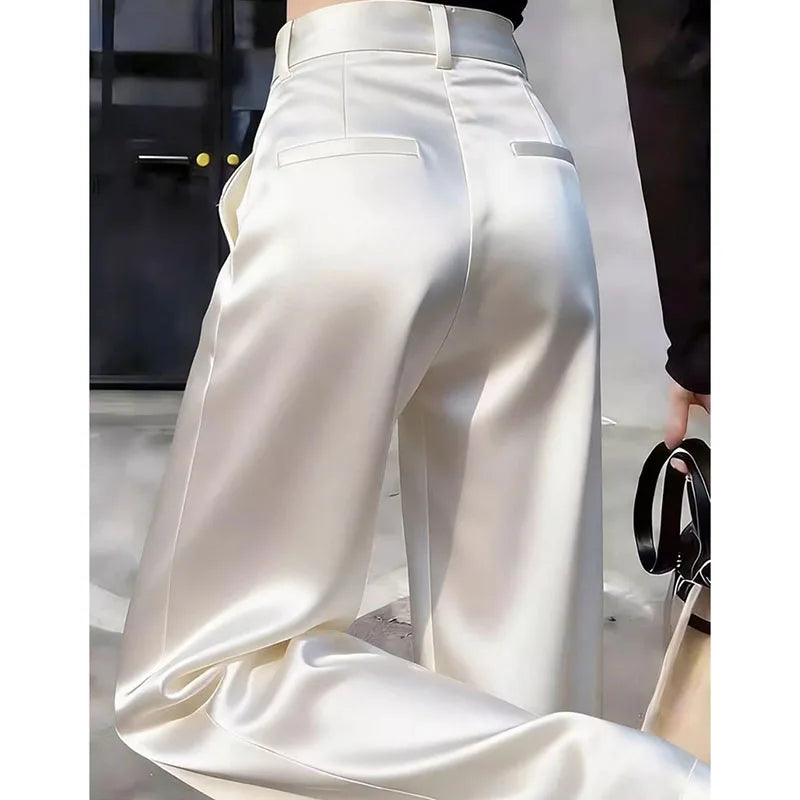 High Waist Solid Color Satin Wide Leg Trousers For Women