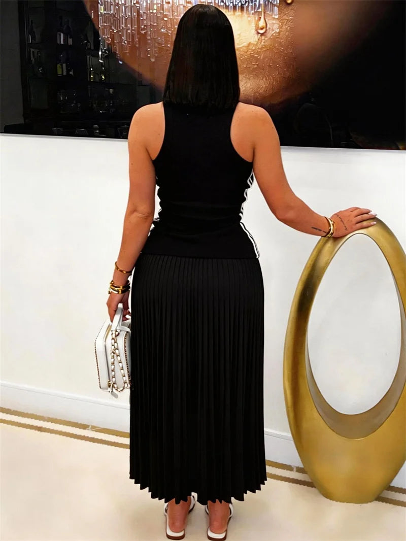 Side Striped Patchwork Pleated Sleeveless A Line Dress for Women
