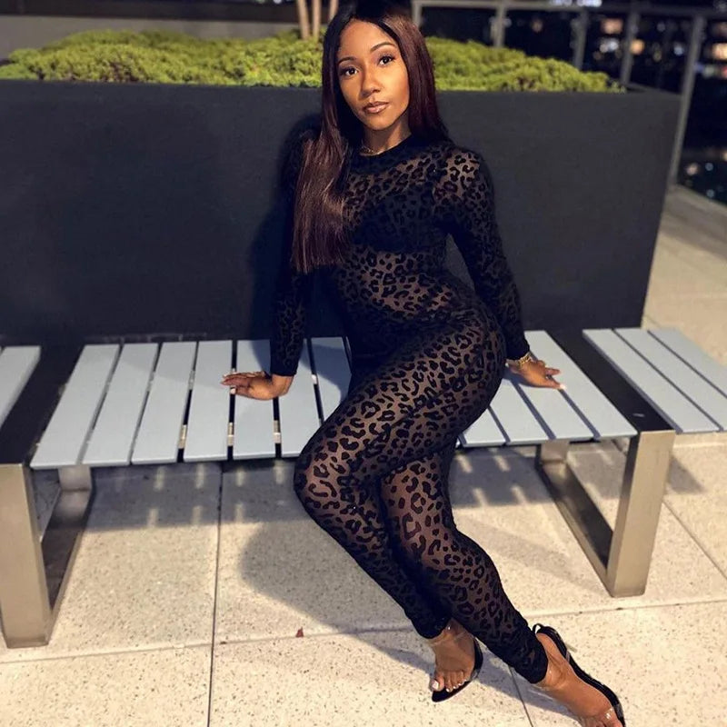 Slim Fit Sheer Leopard Mesh Full Length Jumpsuit for Women