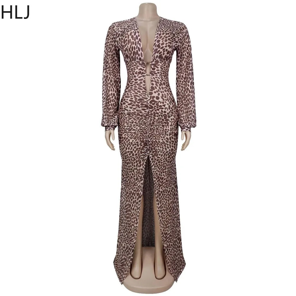 Leopard Print Deep V Neck High Slit Maxi Dress for Women
