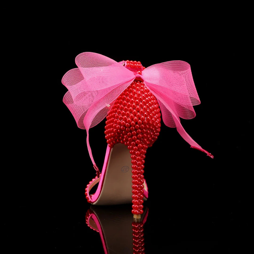 Elegant Pearl Beaded Mesh Bowknot Sandals for Women