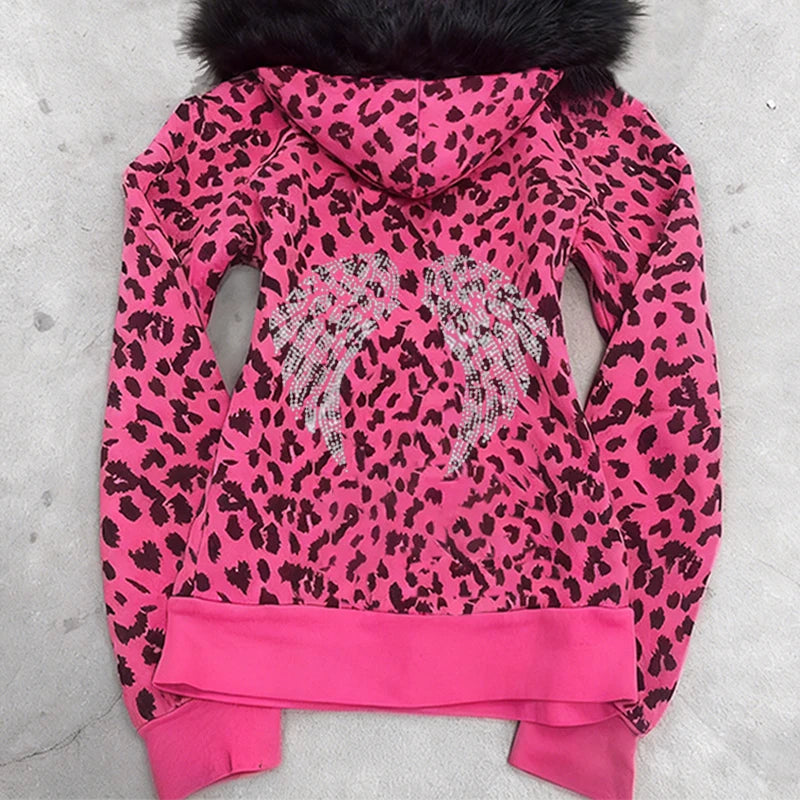 Casual Leopard Print Fur Collar Zipper Hoodie for Women